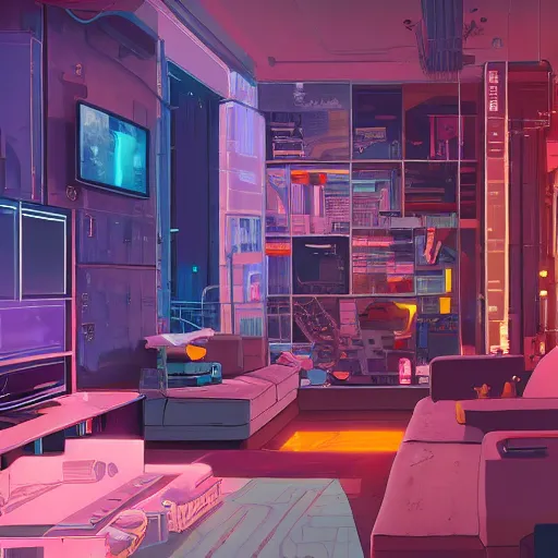 Prompt: the cyberpunk apartment, render, octane, 4k, highly detailed, vivid colors, high definition, by James Gilleard and Makoto Shinkai and Victo Ngai
