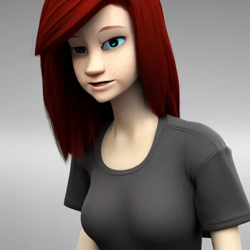 Image similar to a redhead girl wearing a black shirt, 3 d model, pixar style, octane render, trending on artstation, high definition