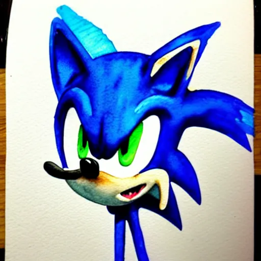 Prompt: a terrifying watercolor sonic the hedgehog, loose watercolor drawing, surrealist ripples