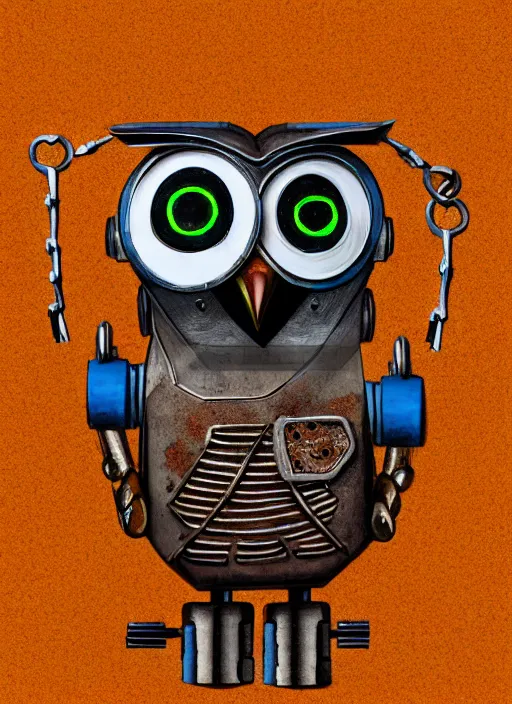 Image similar to colored pencil and pen drawing of an animatronic robot owl, bird made from rusty old keys and padlocks, 4 k photorender realityengine