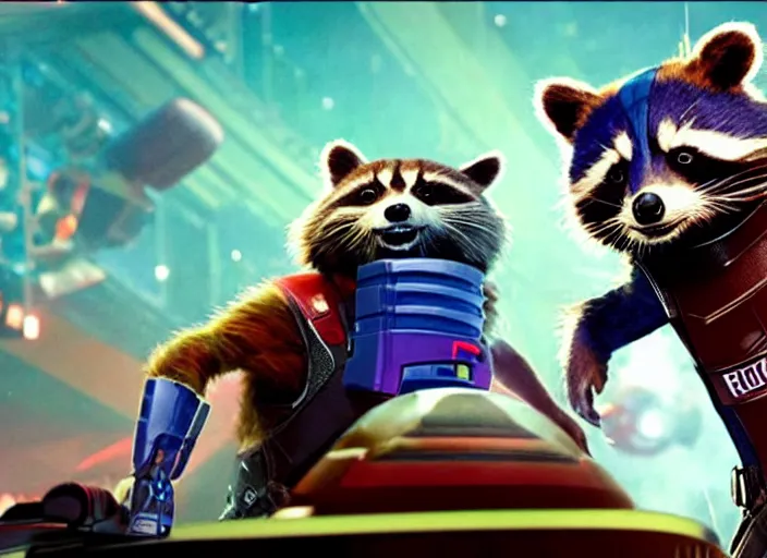 Prompt: film still of Rocket Racoon goes bowling in the new Guardians of the Galaxy movie, 4k