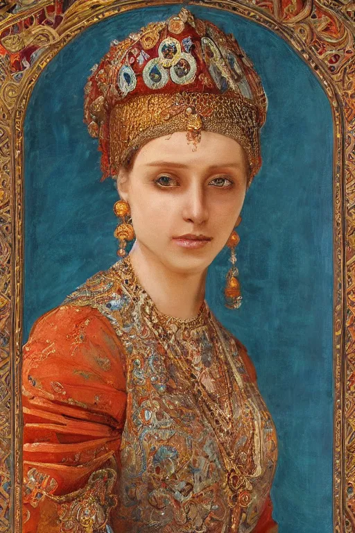 Prompt: a gorgeous awe-inspiring goddess like portrait of a lady in traditional Armenian attire, wearing highly detailed jewelries and ornaments, photorealistic portrait by Da Vinci and Picasso, beautiful face, beautiful portrait lighting, teal and orange colored background with traditional lampstands and furnitures, artstation, smooth