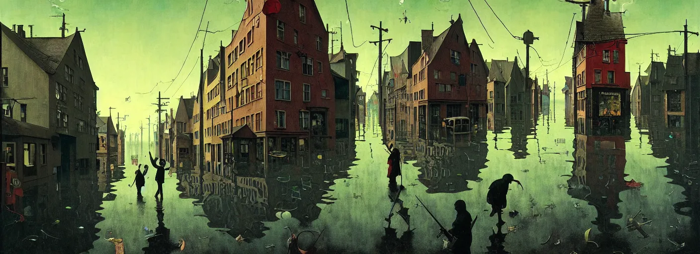 Prompt: flooded street, very coherent and colorful high contrast masterpiece by norman rockwell franz sedlacek hieronymus bosch dean ellis simon stalenhag rene magritte gediminas pranckevicius, dark shadows, sunny day, hard lighting, reference sheet white background