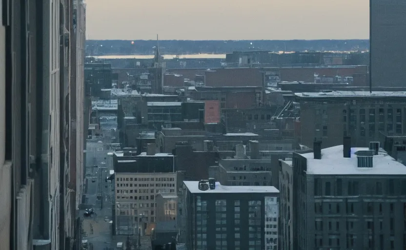 Prompt: low angle photo of sunrise view of buffalo new york as seen from a bus window, scene from being john malcovich film directed by charlie kaufman ( 2 0 0 1 ), moody cinematography and lighting, 2 4 mm anamorphic lens