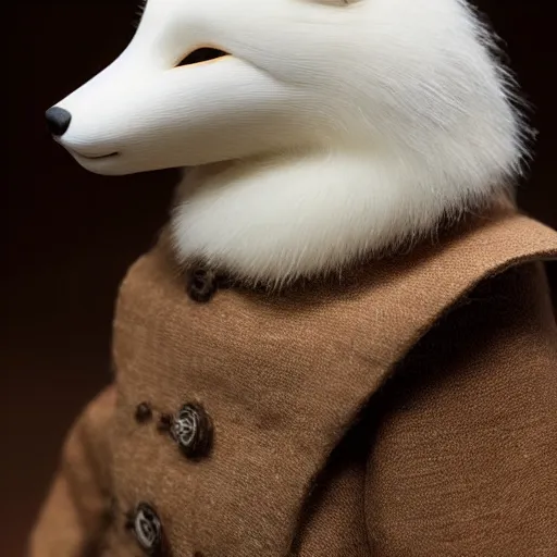 Image similar to close - up shot of a wooden handmade doll of a white fox, highly detailed, sharp focus, promo photo, by shaun tan,