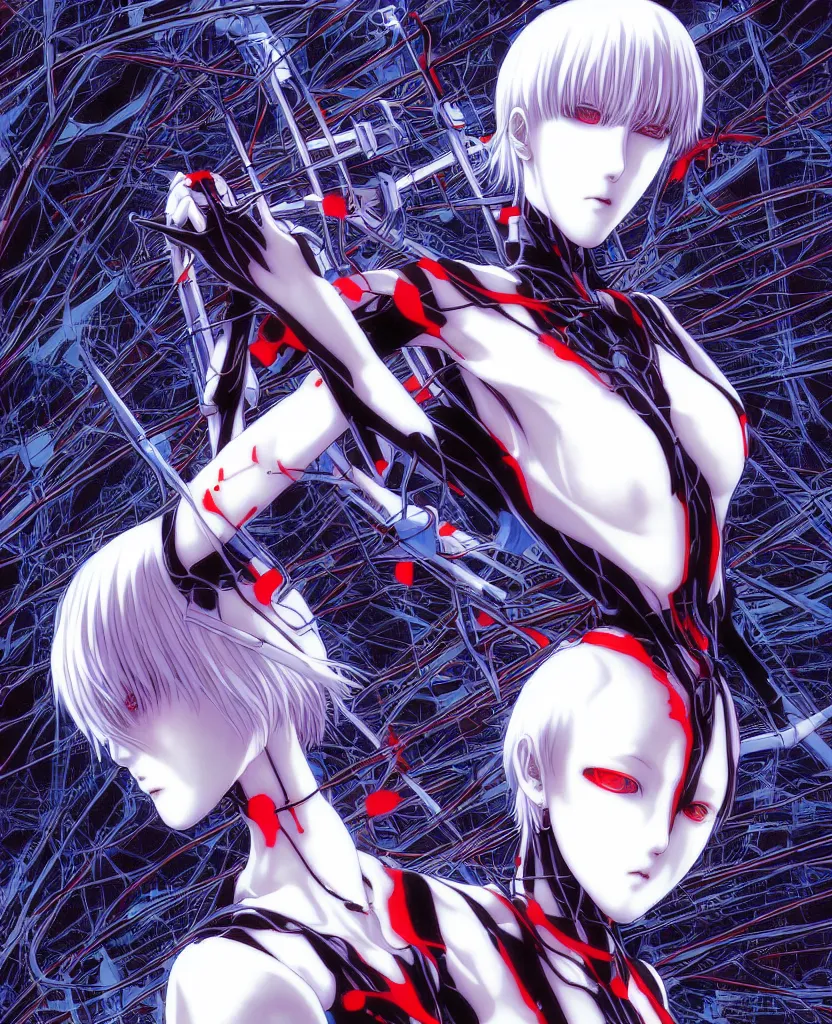 Prompt: symmetrical, rei ayanami, depth perception, depth of field, high resolution, action horror, gothic, rich deep colors. by yoshitaka amano, by yukito kishiro, by yoshiyuki sadamoto, masterpiece, digital illustration of digital globe