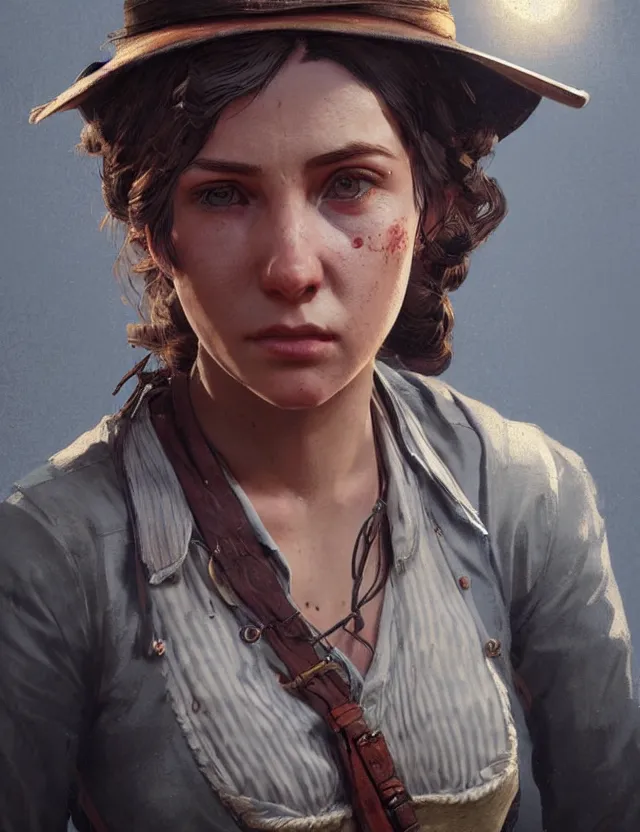 Image similar to close face portrait of a young female waitress as red dead redemption 2 concept art, art by ryo shiotani and greg rutkowski, intricate, beautiful, cute, cinematic lighting, vintage art by serge ivanoff, high resolution, very detailed