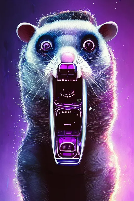 Image similar to a beautiful portrait of a cute cyberpunk opossum screaming by sandra chevrier and greg rutkowski and wlop, purple blue color scheme, high key lighting, volumetric light, digital art, highly detailed, fine detail, intricate, ornate, complex, octane render, unreal engine, photorealistic