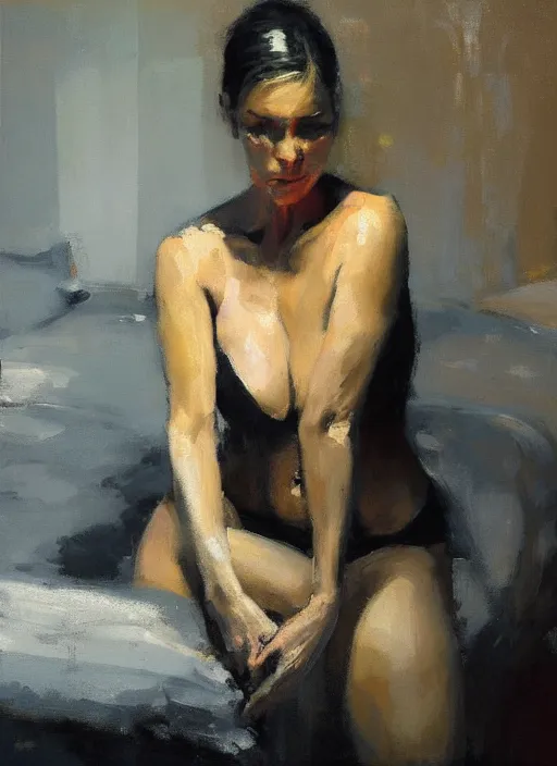 Image similar to portrait painting of a woman in an artistic pose at bed by jeremy mann, only one head single portrait