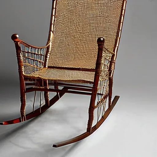 Prompt: a rocking chair made from brass wire