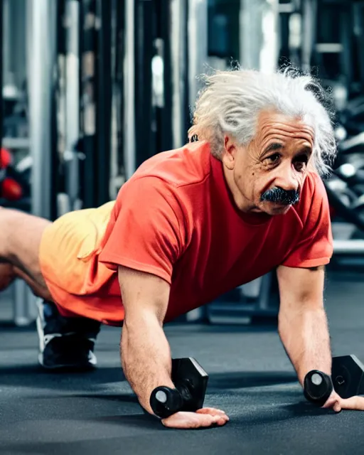 Prompt: a portrait of albert einstein working at the gym doing planks, highly detailed, trending on artstation, bokeh, 9 0 mm, f / 1. 4