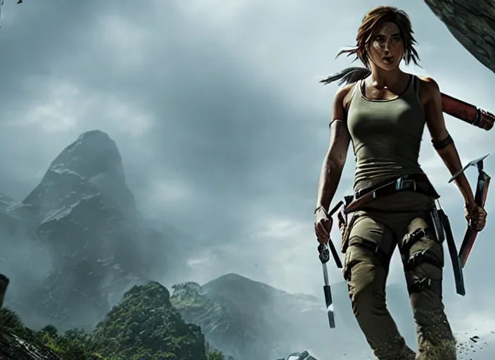 Image similar to film still of!!!! chloe bennett!!! as lara croft in new tomb raider movie, 8 k