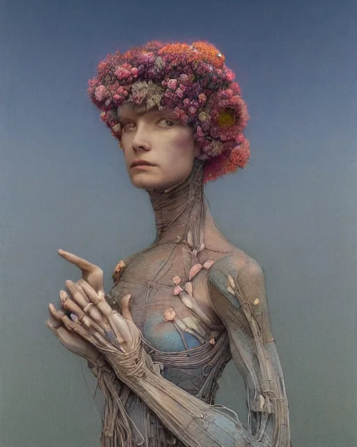 Image similar to A portrait of a woman wearing clothes made out of dying flowers, nuclear explosion in the background, Masterpiece, cyan skin, glowing, wires everywhere, by Edgar Maxence and Ross Tran, Zdzisław Beksiński, and Michael Whelan, distant, gustav dore, H.R. Giger, 8k, octane render