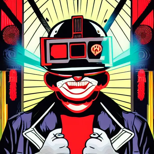 Prompt: Illustrated by Shepard Fairey and H.R. Geiger | Cyberpunk Clown Vampire with VR helmet, surrounded by cables