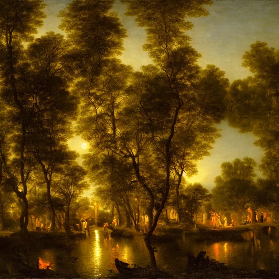 Prompt: a night carnival around a magical tree cavity with a rounded scenario with many fireworks and christmas lights, with a surreal orange moonlight, next to a lake with iridiscent water, volumetric lightning, folklore people disguised as fantastic creatures in a magical forest by summer night, masterpiece painted by pieter de hooch, scene by night, dark night environment, refraction lights, glares