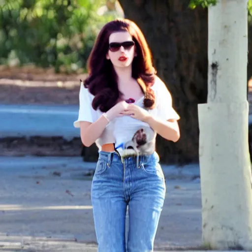 Prompt: Lana Del Rey juggling while a squirrel is on her shoulder in TMZ