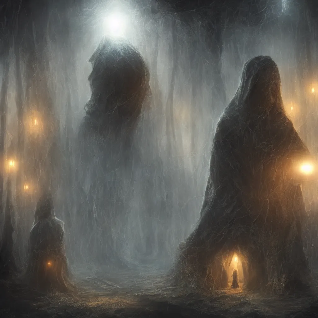 Image similar to high drama, distant hooded figures, hdr, luminescent invocations, diffuse magic, movie still, intricate highly detailed mystical prisms, fully photorealistic, artstation, beautiful concept art, smoothened, sharp luminescent focus, nd 6, sony fx 6