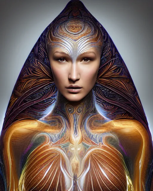 Image similar to a highly detailed metahuman 8 k close up render of bella hadid as alex grey art renaissance in iris van herpen dress in style of gustav klimt trending on artstation made in unreal engine 4