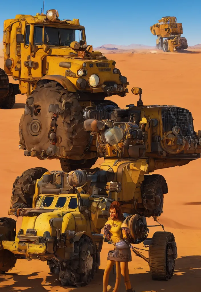 Prompt: Lisa Simpson portrait next to Fury Road War Rig vehicle with desert background, borderlands 4k render