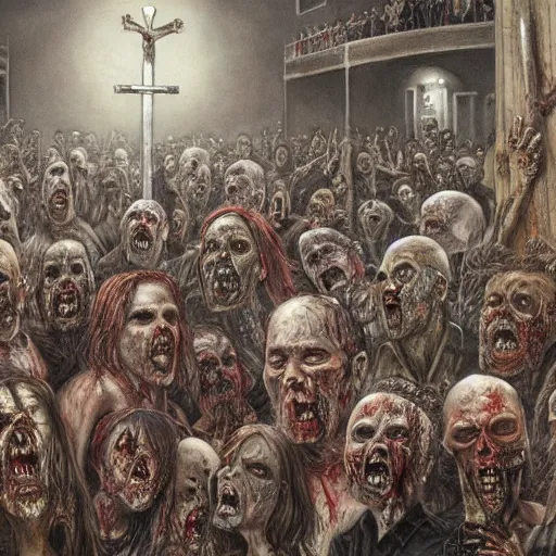 Image similar to a hyperrealistic painting of a large group of zombies watching the crucifixtion, by santiago caruso, highly detailed,