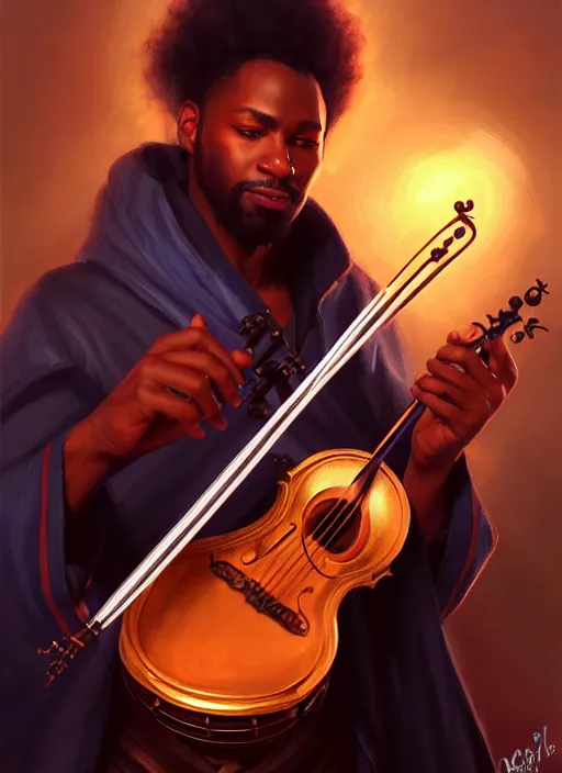 Image similar to a _ fantasy _ style _ portrait _ painting _ of black male charismatic bard playing instrument, rpg dnd oil _ painting _ unreal _ 5 _ daz. _ rpg _ portrait _ extremely _ detailed _ artgerm _ greg _ rutkowski _ greg