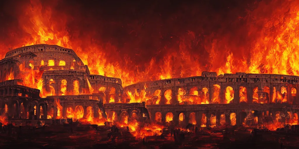 Image similar to Painting of the great fire of rome, abstract, realism, 8k, detailed, terror, octane render, 3d render, complex emotion, glow