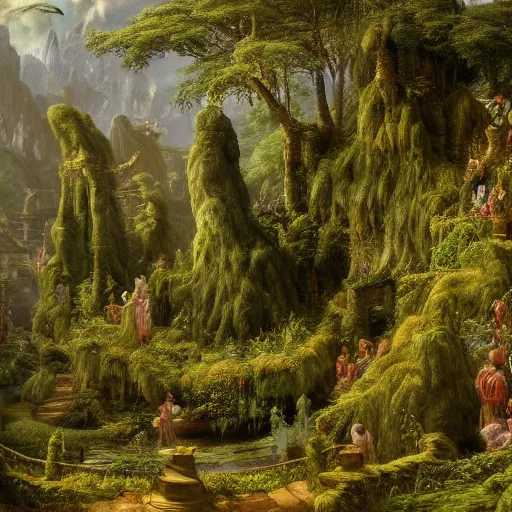 Image similar to a beautiful and highly detailed matte painting of a magical garden in a lush forest in a forgotten valley in an epic mountain range, intricate details, epic scale, insanely complex, 8 k, sharp focus, hyperrealism, by caspar friedrich,