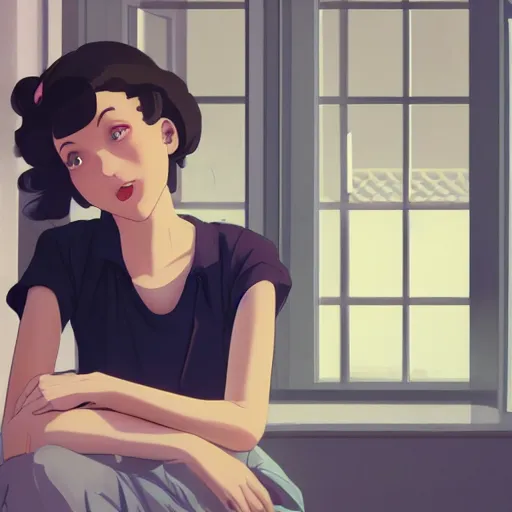 Prompt: portrait of a beautiful girl with dark hair that's styled in a 1940's fashion, dressed in a white t-shirt, sitting in an apartment kitchen alone by window that overlooks futuristic city, nighttime, low-key neon lighting, 4k, HQ, official media, anime key visual, makoto shinkai, ilya kuvshinov, lois van baarle, rossdraws, detailed, trending on artstation