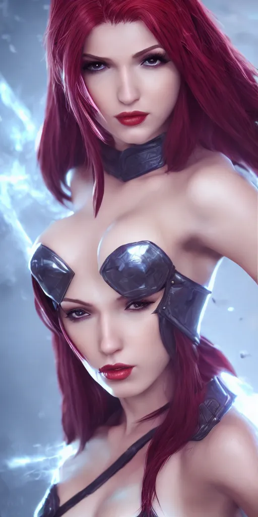 Image similar to Katarina from League of Legends, photorealistic studio portrait, studio lighting, unreal engine 5, hyperrealistic, dynamic lighting, white ambient background, realistic, highly detailed