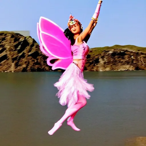 Image similar to ! dream dakini as a modern fairy wearing a pink outfit, flying in the style of superman alongside penguins.