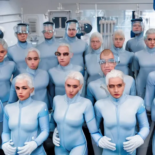 Prompt: troop of identical athletic humans with white hair wearing tight light blue latex suits, in formation, futuristic chemistry lab, sci - fi, highly detailed, hyperrealistic