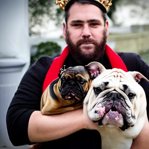 Prompt: a homless man holding an english bulldog wearing a crown