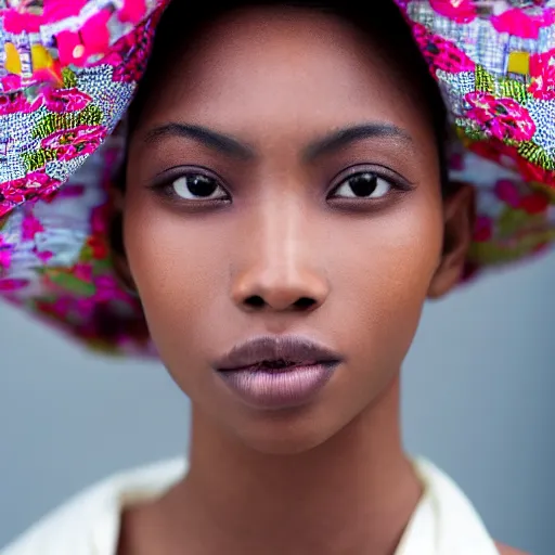 Prompt: upper - body portrait of a beautiful young african - asian model, wearing a kimono. zeiss 1 5 0 mm f 2. 8 hasselblad