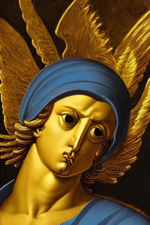 Image similar to archangel Michael, crying face, closeup, ultra detailed, made in gold, Guido Reni style