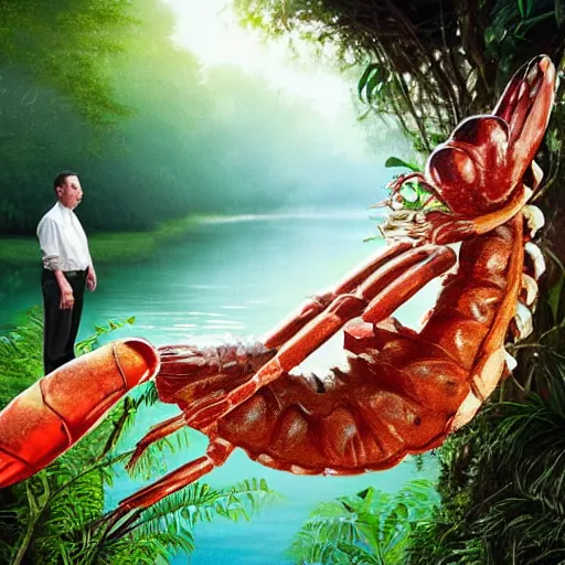 Image similar to Tom Hanks as forrest gump sitting on a giant shrimp in the jungle, realistic digital painting, in the style of Frederic St-Arnaud, photoreailstic, realistic face, amazing detail, sharp