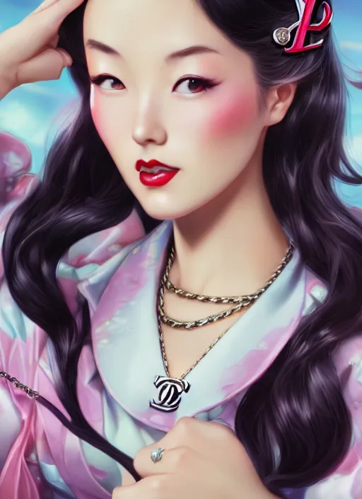 Image similar to a pin up and beautiful fashion dreamlke japan girl with lv jewelry, character art, art by artgerm, wlop, loish, hyperdetailed, 8 k realistic, symmetrical, global illumination, radiant light, frostbite 3 engine, cryengine, dof, trending on artstation, digital art, chanel, dior, detailed background