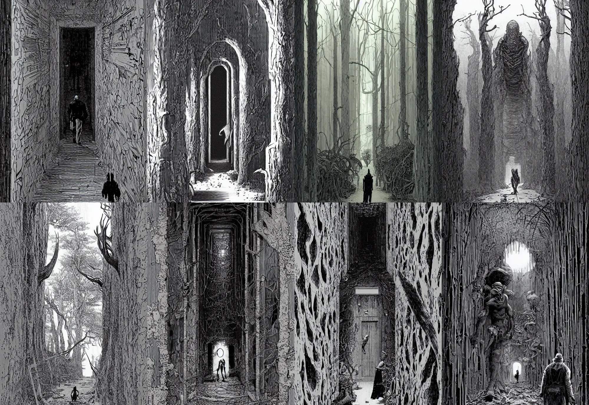 Image similar to a giant man walks in an old wood corridor, 2 meters, black and white illustration, by james jean and wayne barlowe and moebius