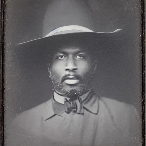 Image similar to Black man with comically large cowboy hat daguerreotype