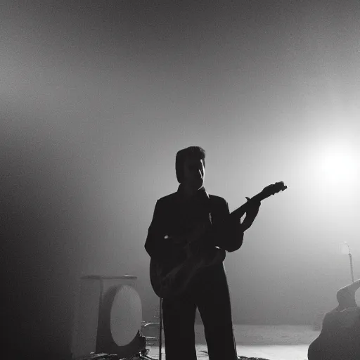 Image similar to a still of Elvis silhouette backstage waiting to play. God rays through, fog.