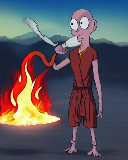 Prompt: squidward wearing fire nation clothing and practicing firebending outside at susnset [ photorealistic ]