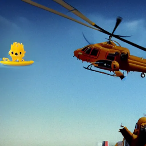 Prompt: macaroni and cheese monster attacking a helicopter. Still from a big budget action movie.