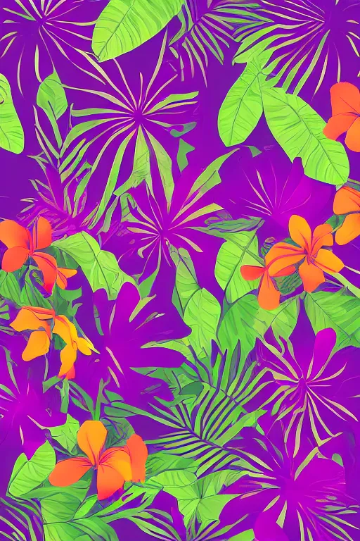 Image similar to moody vector illustration of tropical flowers and green leaves, multiple cohesive colors ranging from warms purples to bright oranges on a ((very dark background)), 4K resolution, HD wallpaper