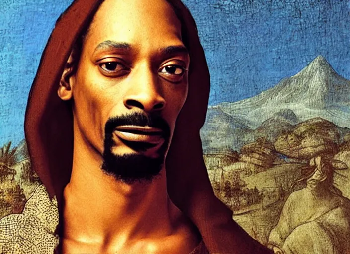 Image similar to a very high resolution image from a new movie, snoop dogg. drawn by leonardo da vinci. mountains, directed by wes anderson