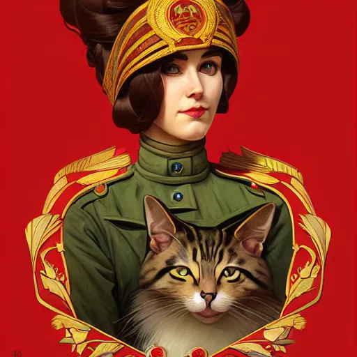 Prompt: a portrait of a female cat soviet officer, upper half portrait, decorated with soviet motifs, intricate, elegant, highly detailed, symmetry, headpiece, digital painting, artstation concept art smooth sharp focus, illustration, art by artgerm and greg rutkowski alphonse mucha 8 k