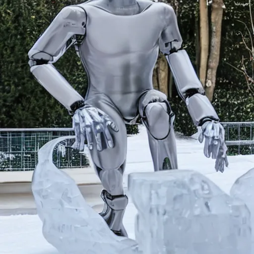 Image similar to made of ice, a realistic detailed photo of a guy who is an attractive humanoid who is half robot and half humanoid, who is a male android, on display, blank stare, showing off his muscles, shiny skin, posing like a statue, by the pool, frozen ice statue, f 1 driver pierre gasly, humanoid robot