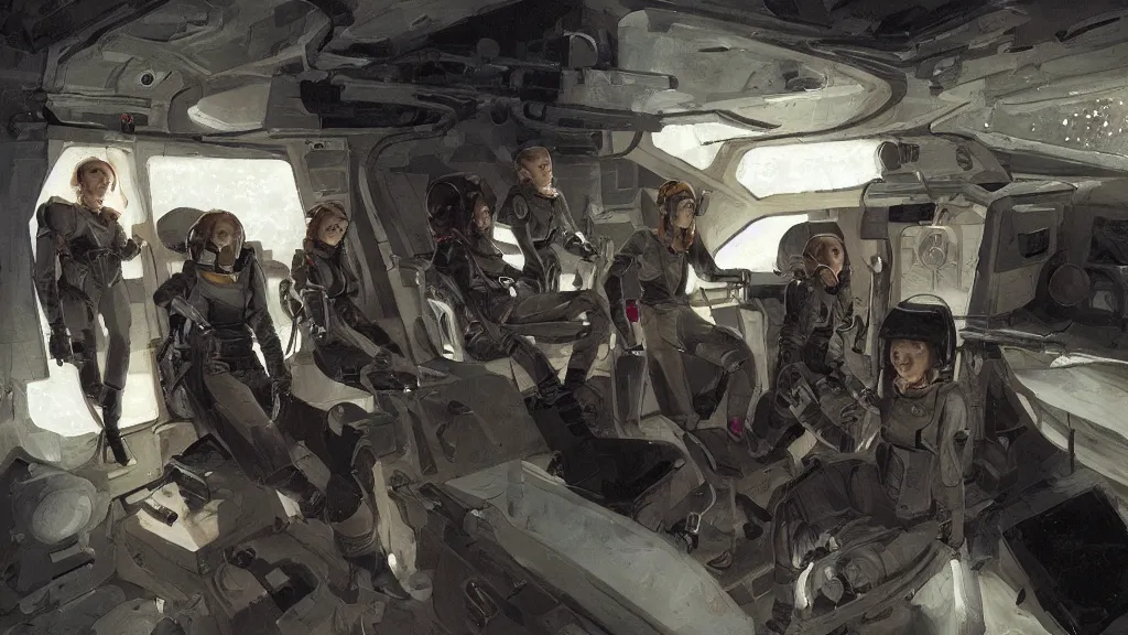 Image similar to all - female crew in a minimalistic, dark ( spaceship ), by jon foster.