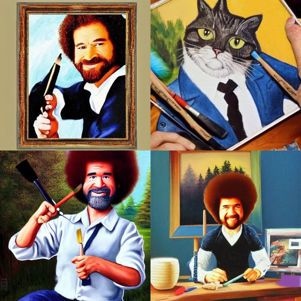 Prompt: A cat holding a paintbrush, painting a picture of Bob Ross, @Alex23