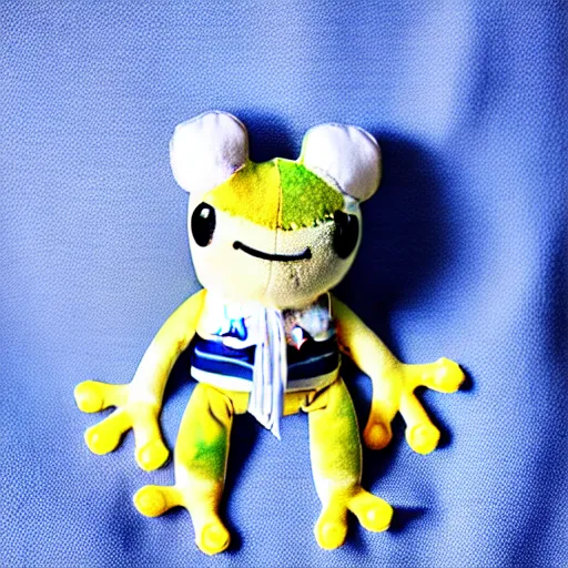 Prompt: cute plushie frog wearing a sailor suit, studio photography,