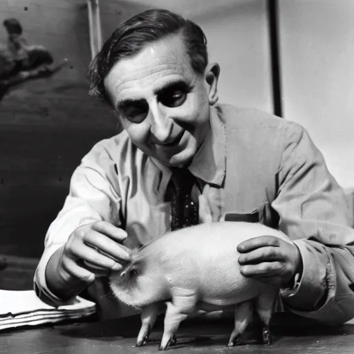 Image similar to edward teller petting a pig in an office at the manhattan project 1 9 4 4 high - quality archive photo