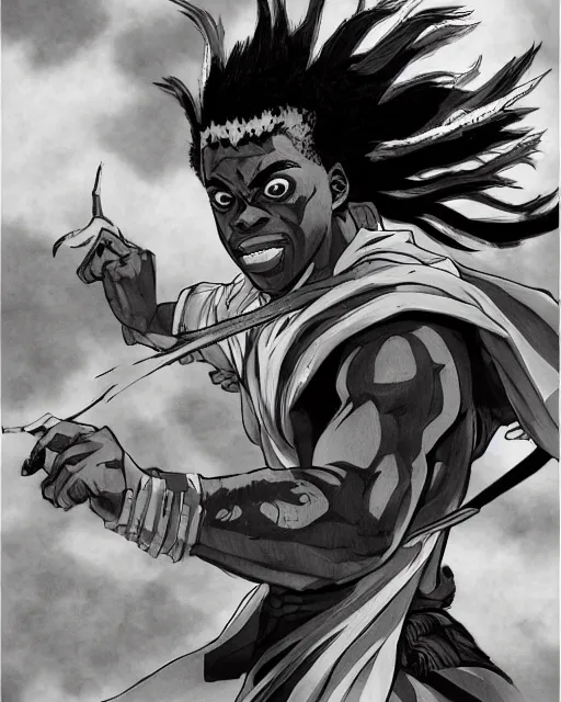 Image similar to a very detailed pencil drawing of kodak black in demon slayer manga panel, action lines, greg rutkowski, in field high resolution, dynamic pose, landscape, medium portrait, action, hyper realistic, manga, koyoharu gotouge, sakuga